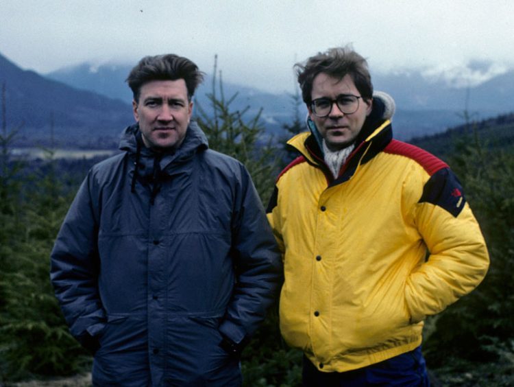 David Lynch and Mark Frost in Snoqualmie shooting the pilot of Twin Peaks in 1989